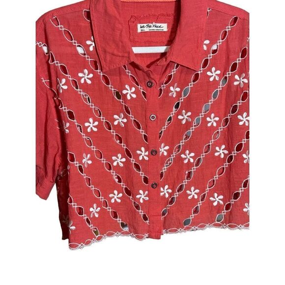 Free People Wild One Crop Top button up sz S bright coral - Picture 8 of 13